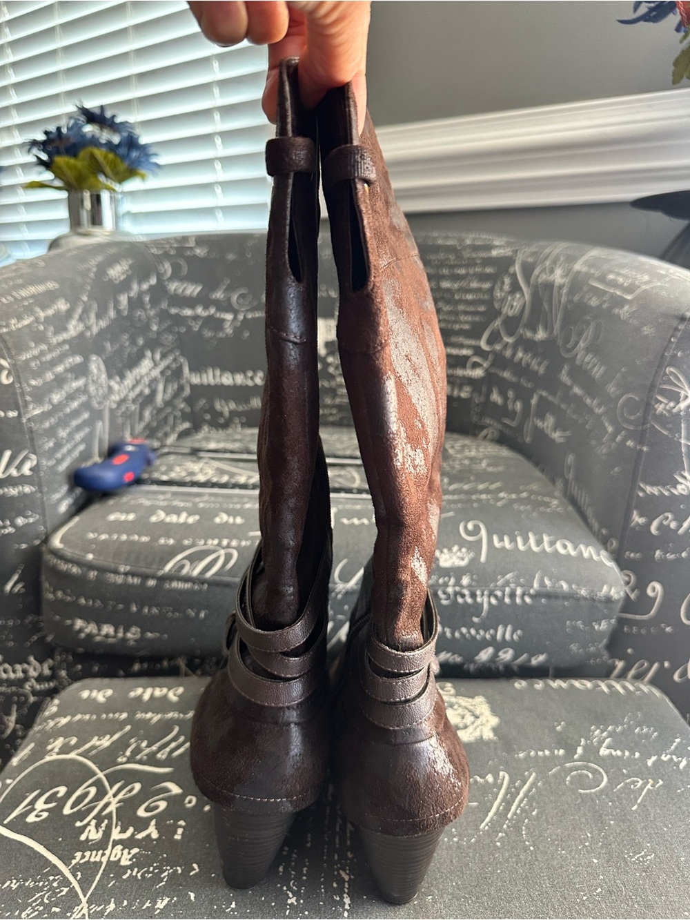 BareTraps Brown Leather Mid-Calf Heel Boots